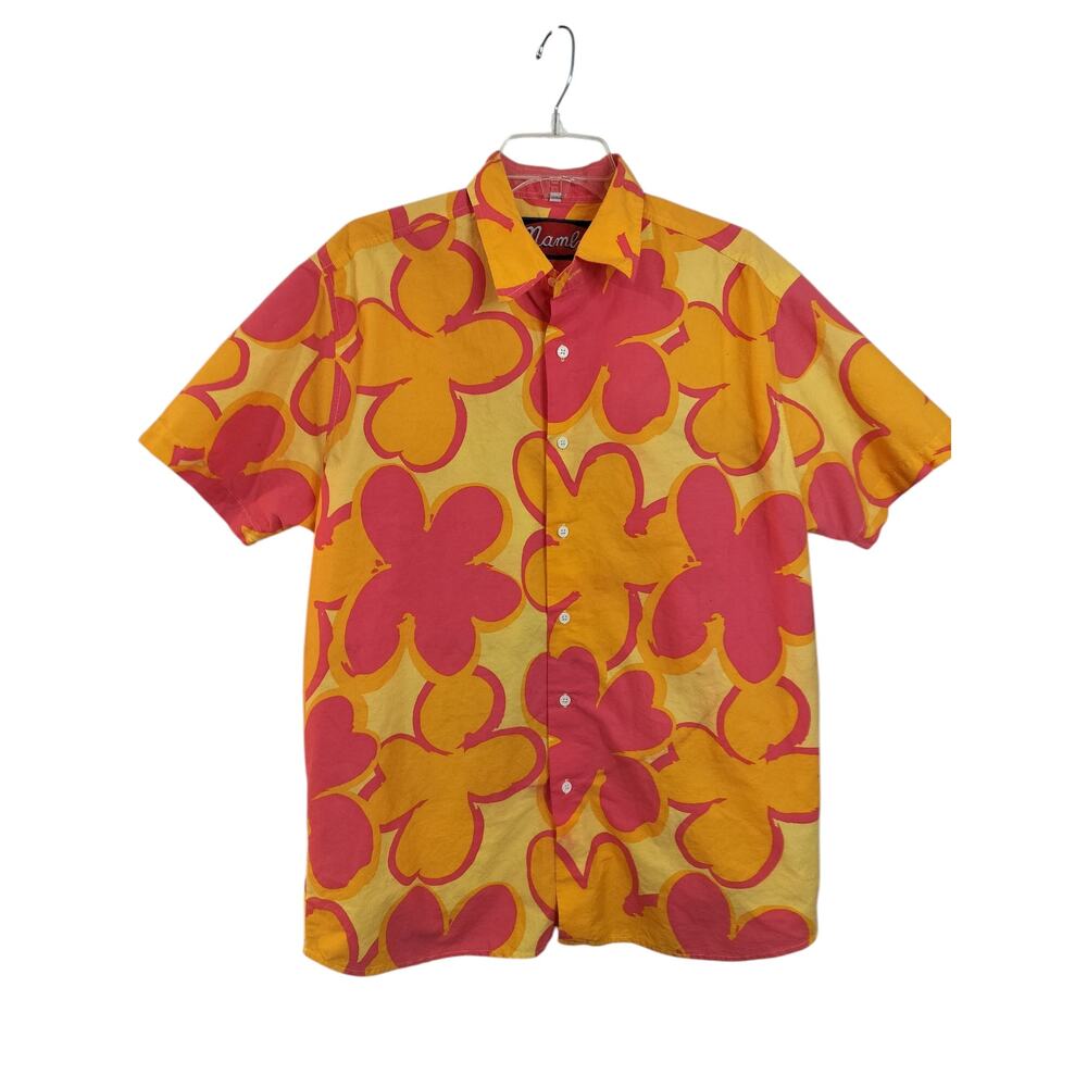M668) Mambo Pink Orange Floral Print Button Down Hawaiian Cotton Shirt Large
